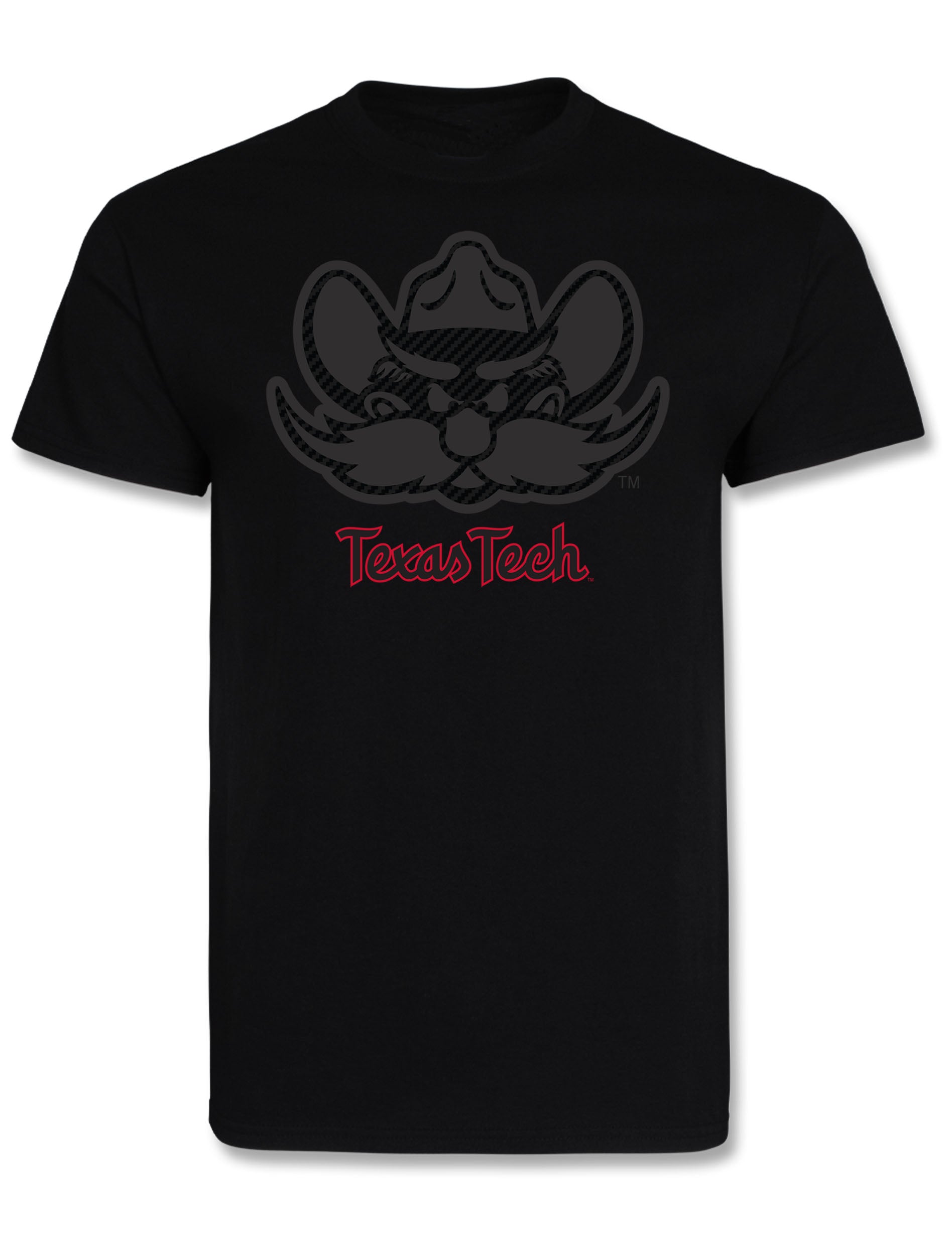 Black Texas Tech tee with a tonal carbon print Raider Red mascot head above a red Texas Tech script