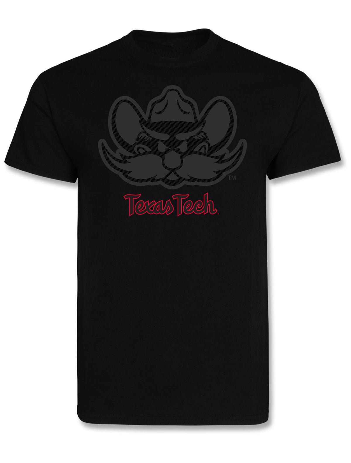 Black Texas Tech tee with a tonal carbon print Raider Red mascot head above a red Texas Tech script