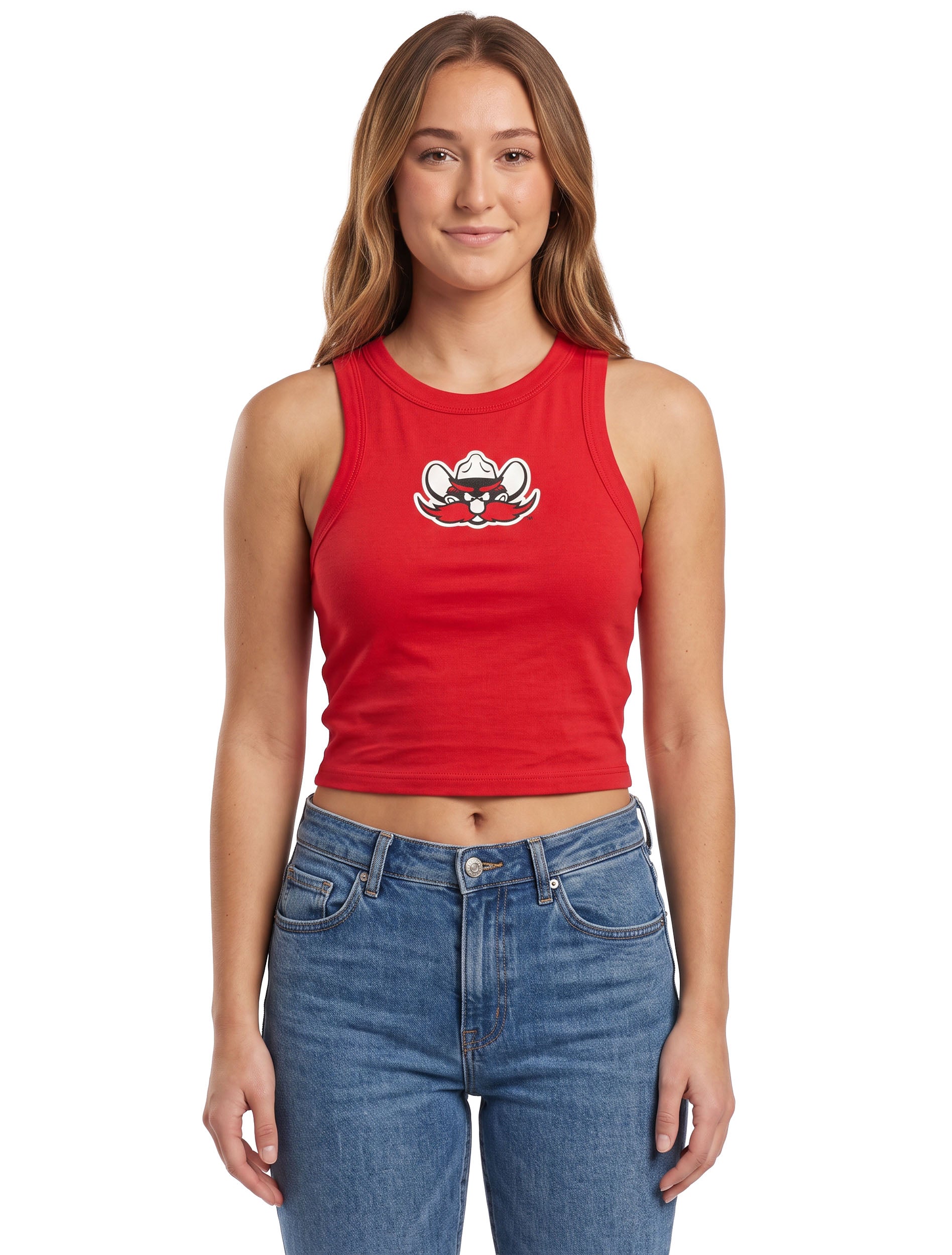 Texas Tech Raider Red cropped racer tank top in red, front view on model