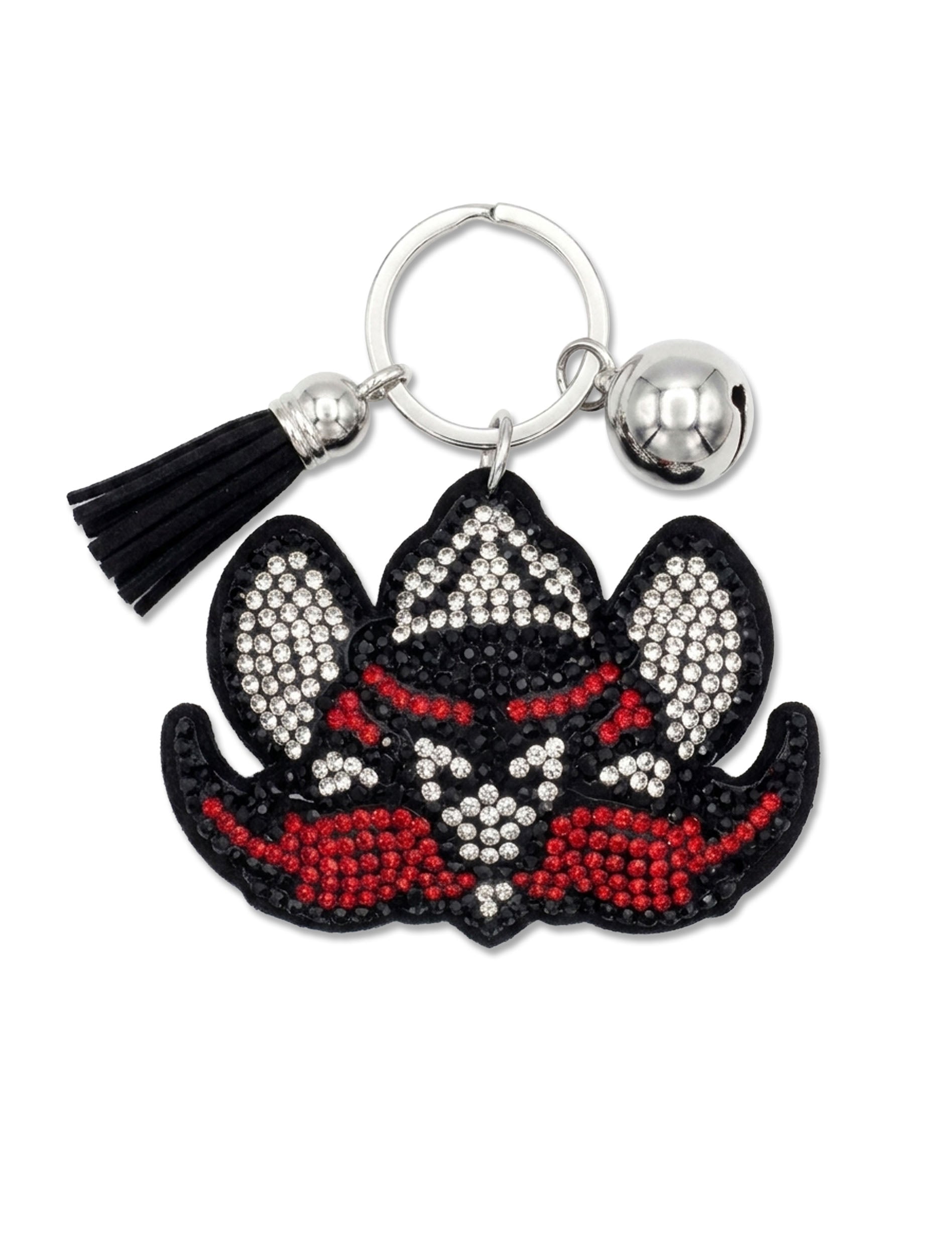 Texas Tech Raider Red rhinestone bag charm in black, red, and clear crystals with a black suede tassel, silver bell, and split key ring