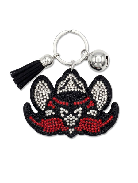 Texas Tech Raider Red rhinestone bag charm in black, red, and clear crystals with a black suede tassel, silver bell, and split key ring