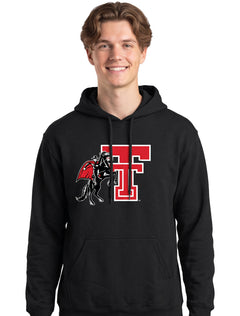 Man wearing the black Texas Tech hoodie with the Masked Rider rearing over a red Double T across the chest