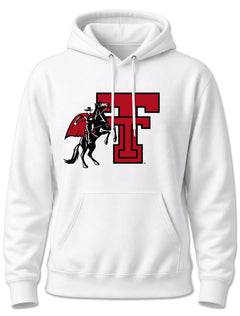 White Texas Tech hoodie with the Masked Rider rearing over a red Double T across the chest