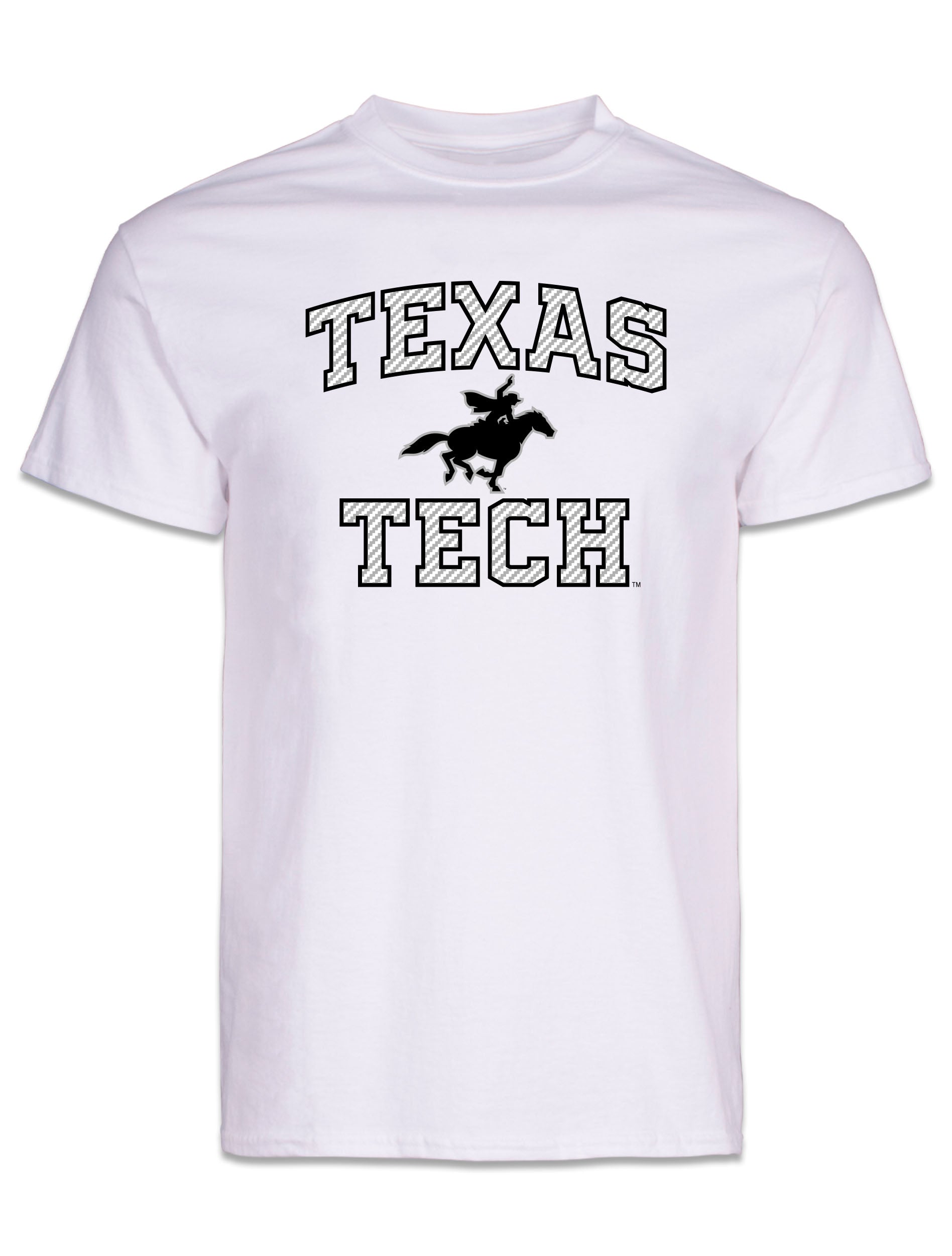 White Texas Tech tee with TEXAS arched over the Masked Rider and TECH beneath, lettering in a reflective silver weave outlined in black