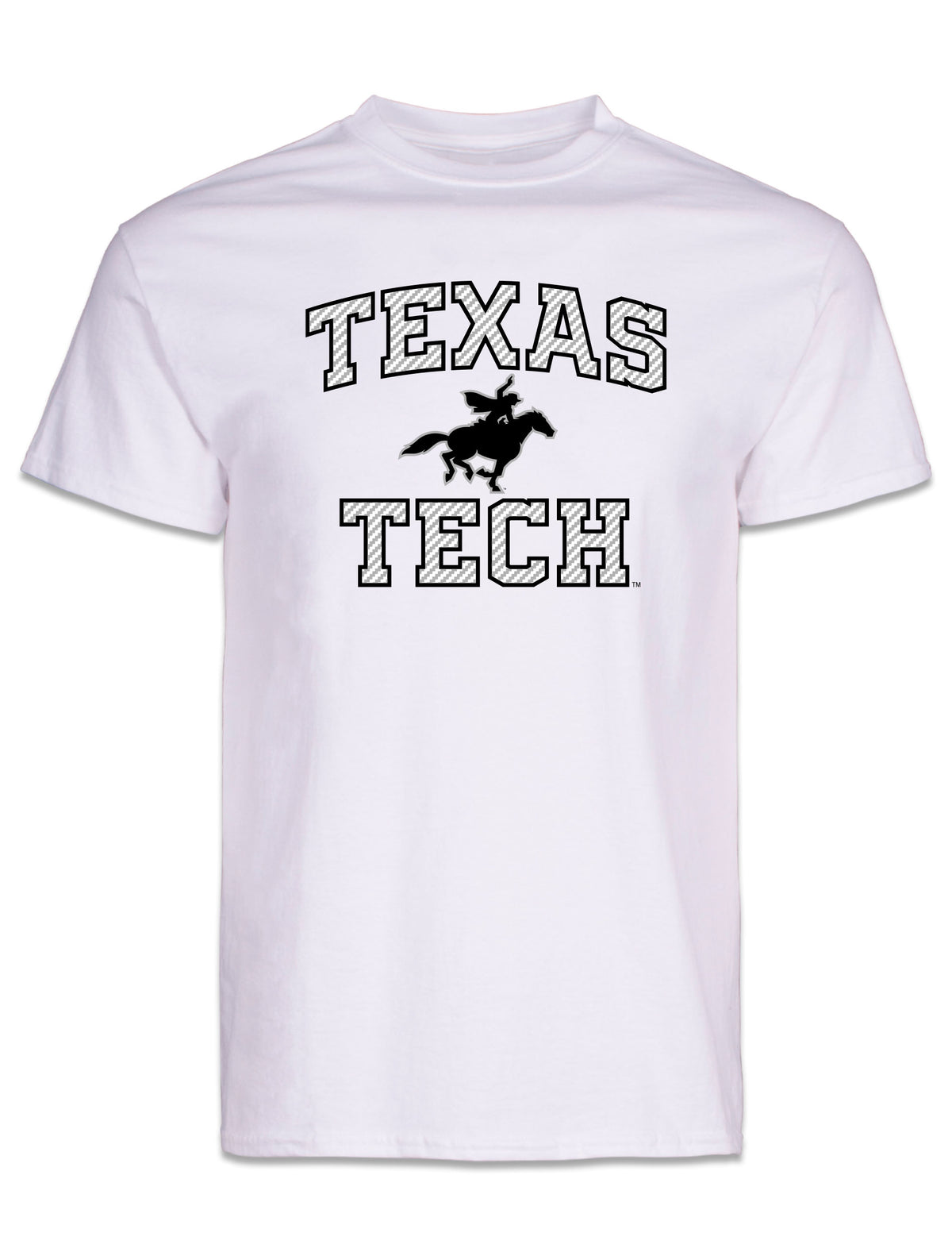 White Texas Tech tee with TEXAS arched over the Masked Rider and TECH beneath, lettering in a reflective silver weave outlined in black