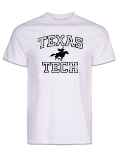White Texas Tech tee with TEXAS arched over the Masked Rider and TECH beneath, lettering in a reflective silver weave outlined in black