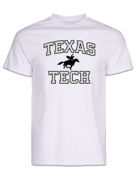 White Texas Tech tee with TEXAS arched over the Masked Rider and TECH beneath, lettering in a reflective silver weave outlined in black