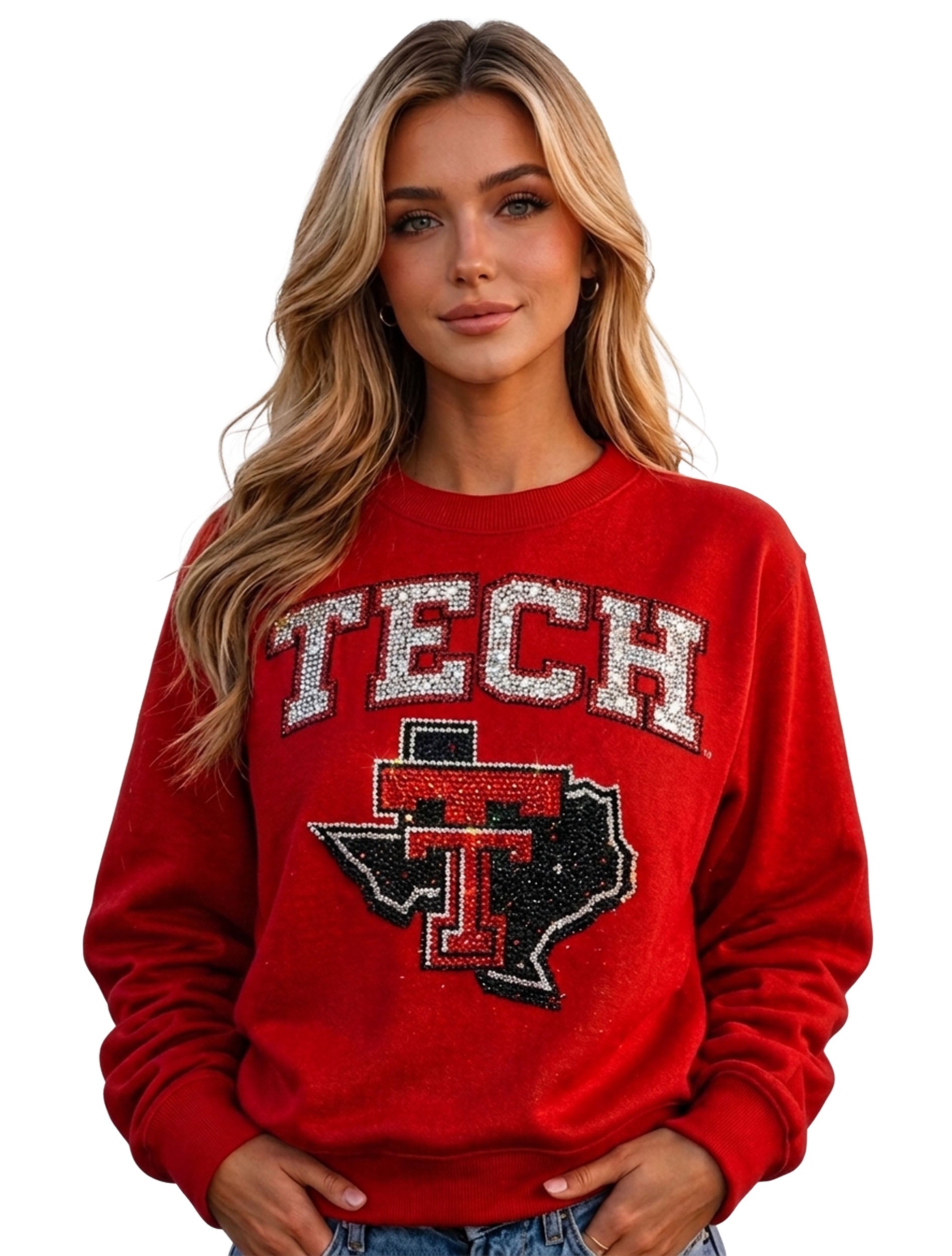 Model wearing a red crewneck sweatshirt with TECH in silver rhinestones above a black rhinestone state of Texas with a red Double T