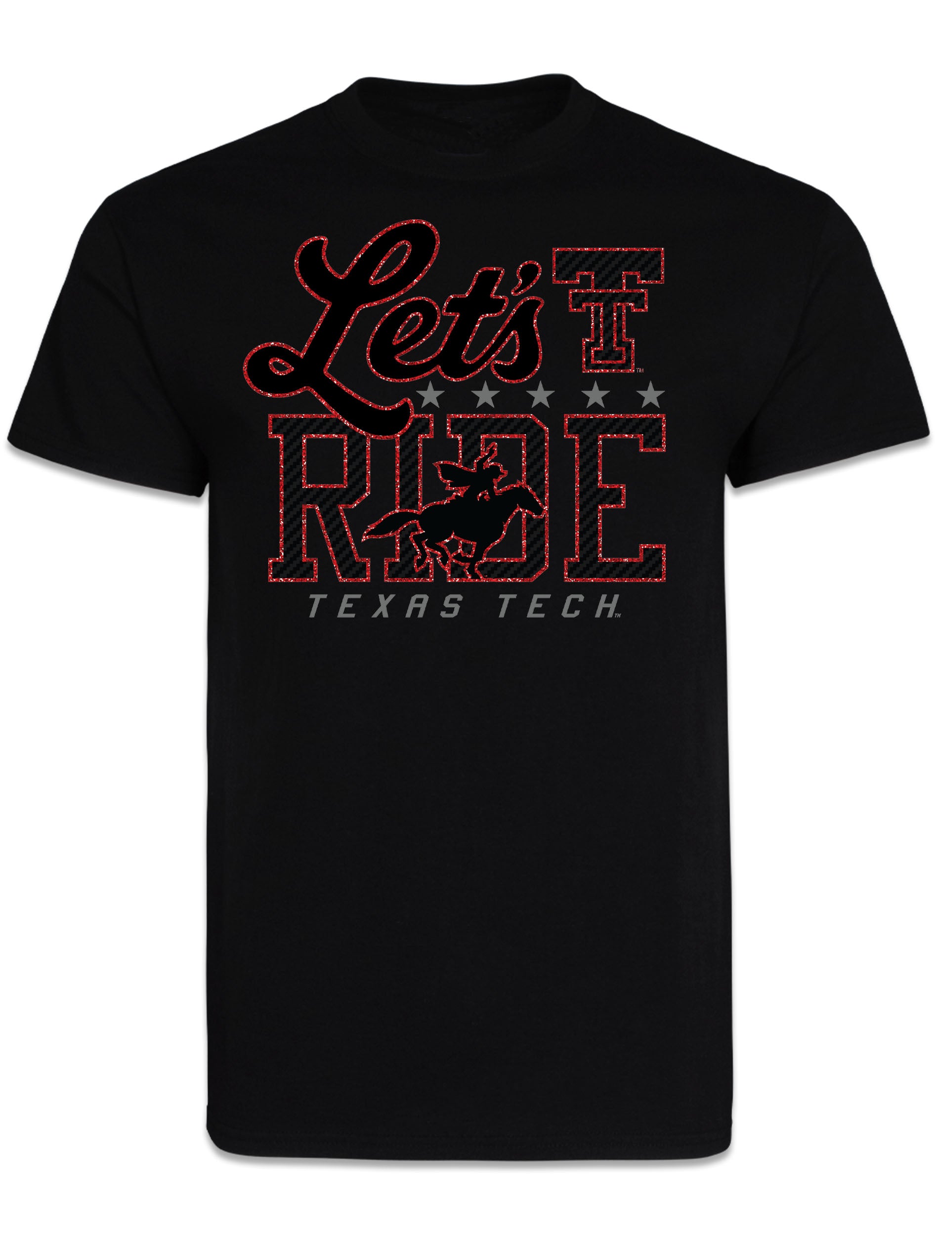 Black Texas Tech tee with Let's in script above RIDE in carbon lettering rimmed in red glitter, the Masked Rider galloping across it and TEXAS TECH below