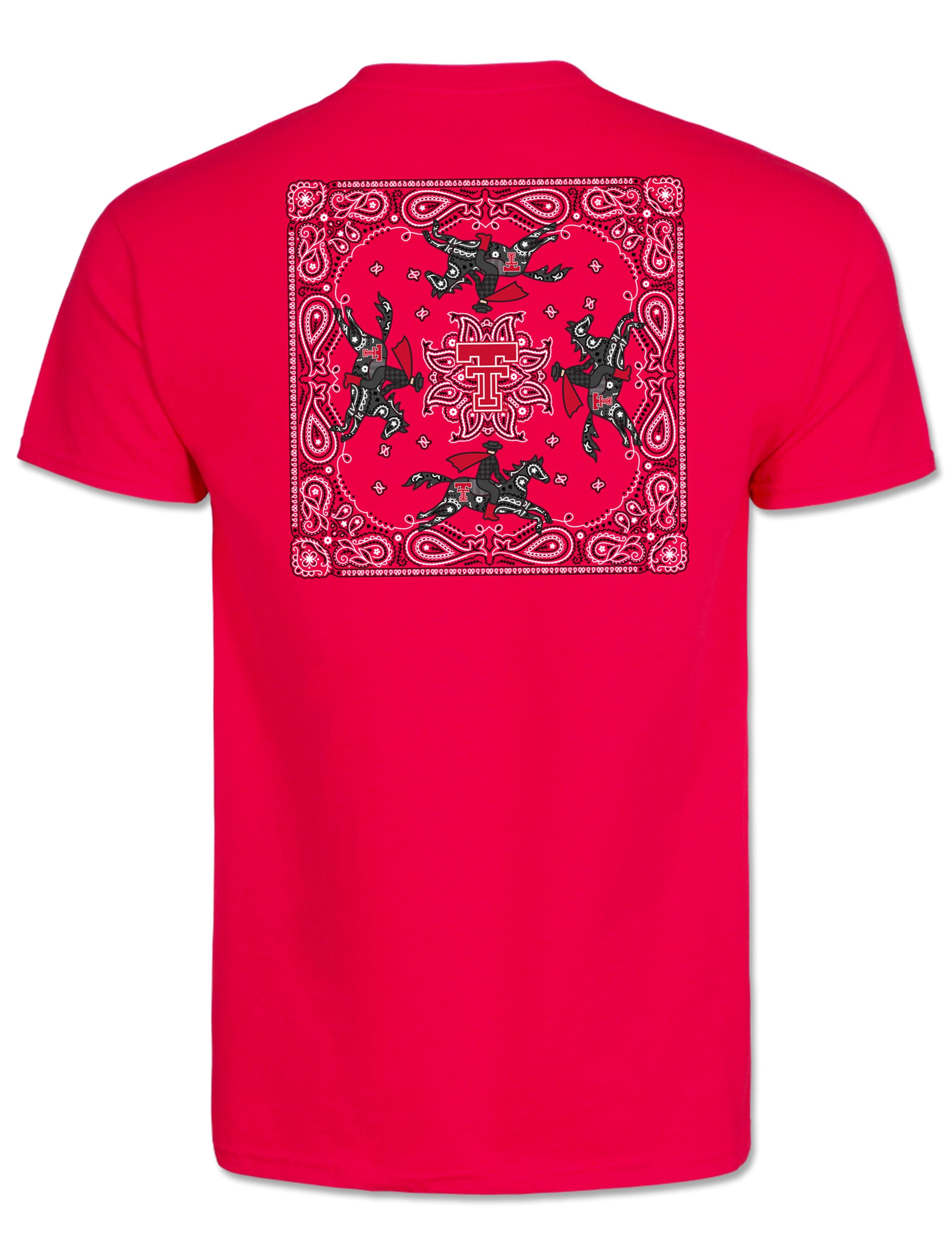 Back of the red Texas Tech tee showing a full bandana square print with four Masked Riders circling a red Double T