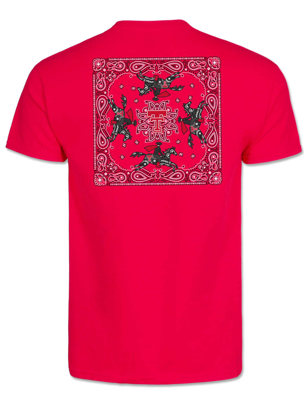 Back of the red Texas Tech tee showing a full bandana square print with four Masked Riders circling a red Double T