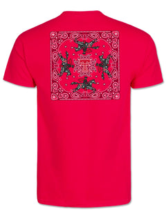 Back of the red Texas Tech tee showing a full bandana square print with four Masked Riders circling a red Double T