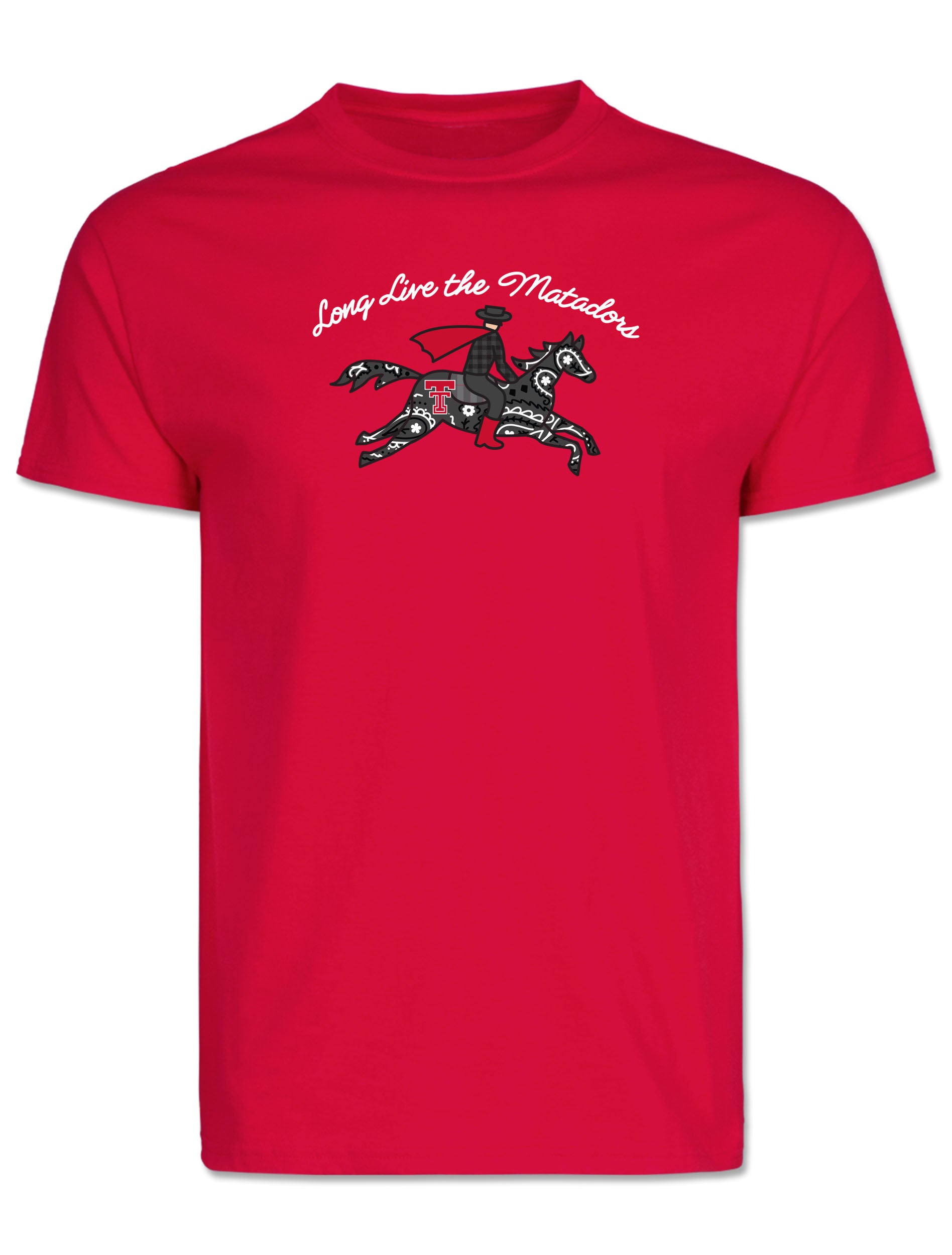 Front of the red Texas Tech tee showing the paisley Masked Rider at a gallop under Long Live the Matadors in script