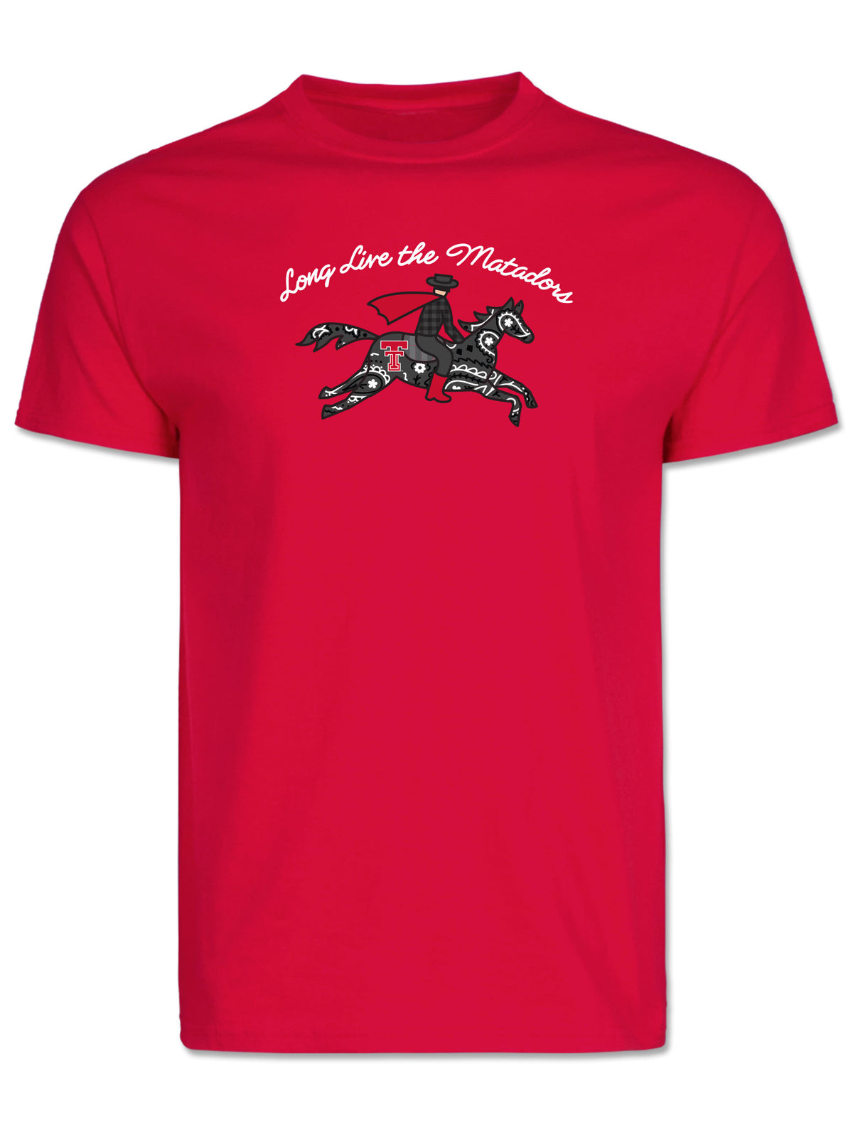 Front of the red Texas Tech tee showing the paisley Masked Rider at a gallop under Long Live the Matadors in script