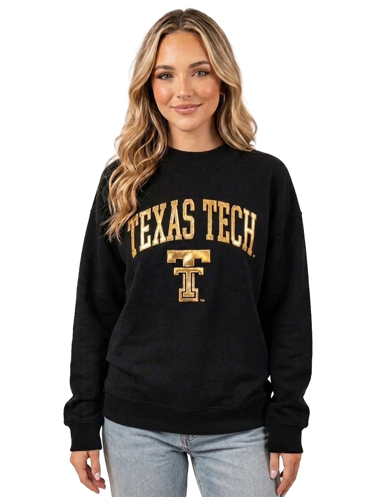 Black crewneck sweatshirt with TEXAS TECH arched over a throwback Double T in shiny gold