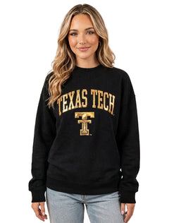 Black crewneck sweatshirt with TEXAS TECH arched over a throwback Double T in shiny gold