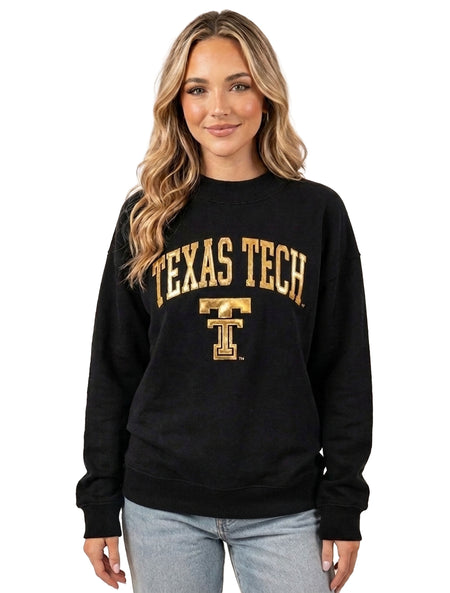 Black crewneck sweatshirt with TEXAS TECH arched over a throwback Double T in shiny gold