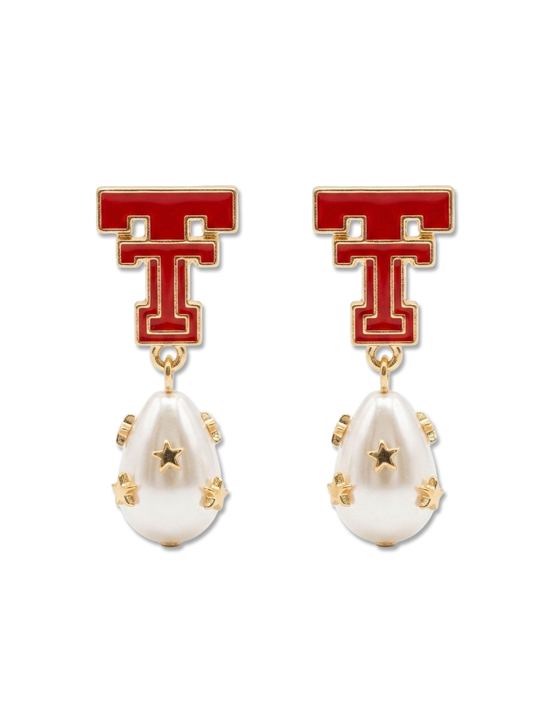 Pair of Texas Tech earrings with a red enamel Double T at the post and a baroque faux pearl drop scattered with small gold stars