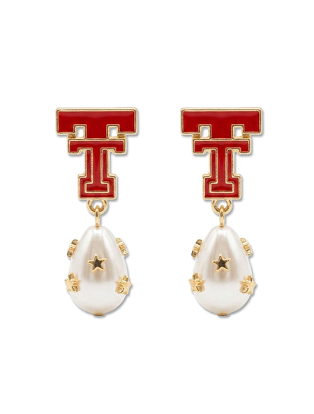 Pair of Texas Tech earrings with a red enamel Double T at the post and a baroque faux pearl drop scattered with small gold stars
