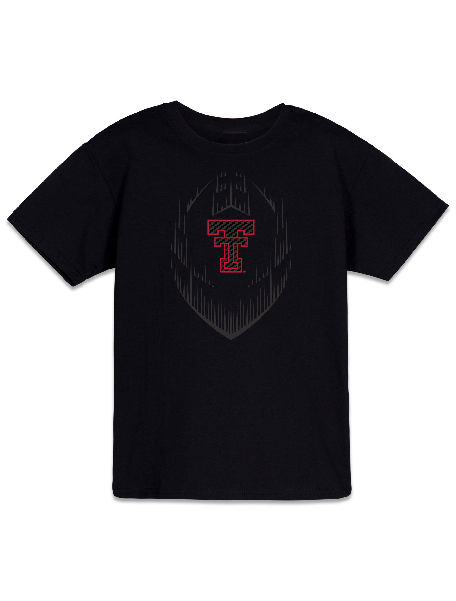 Black Texas Tech youth tee with a tonal football drawn in speed streaks and a carbon Double T outlined in red at the center