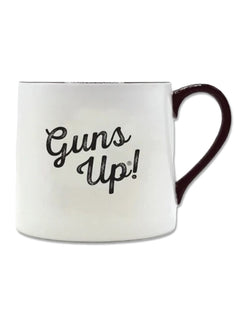 Back of the white ceramic mug with Guns Up in black script and a dark red handle