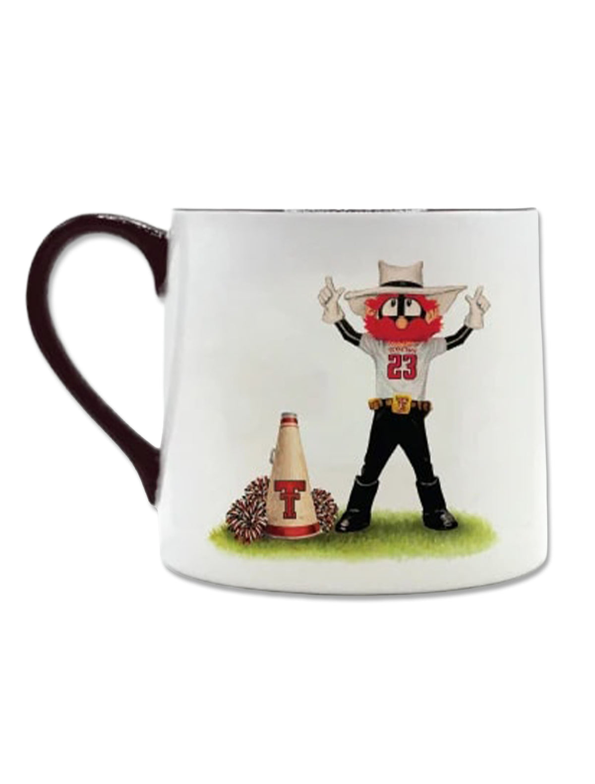 White ceramic mug with Raider Red throwing up Guns Up beside a Double T megaphone and pom poms