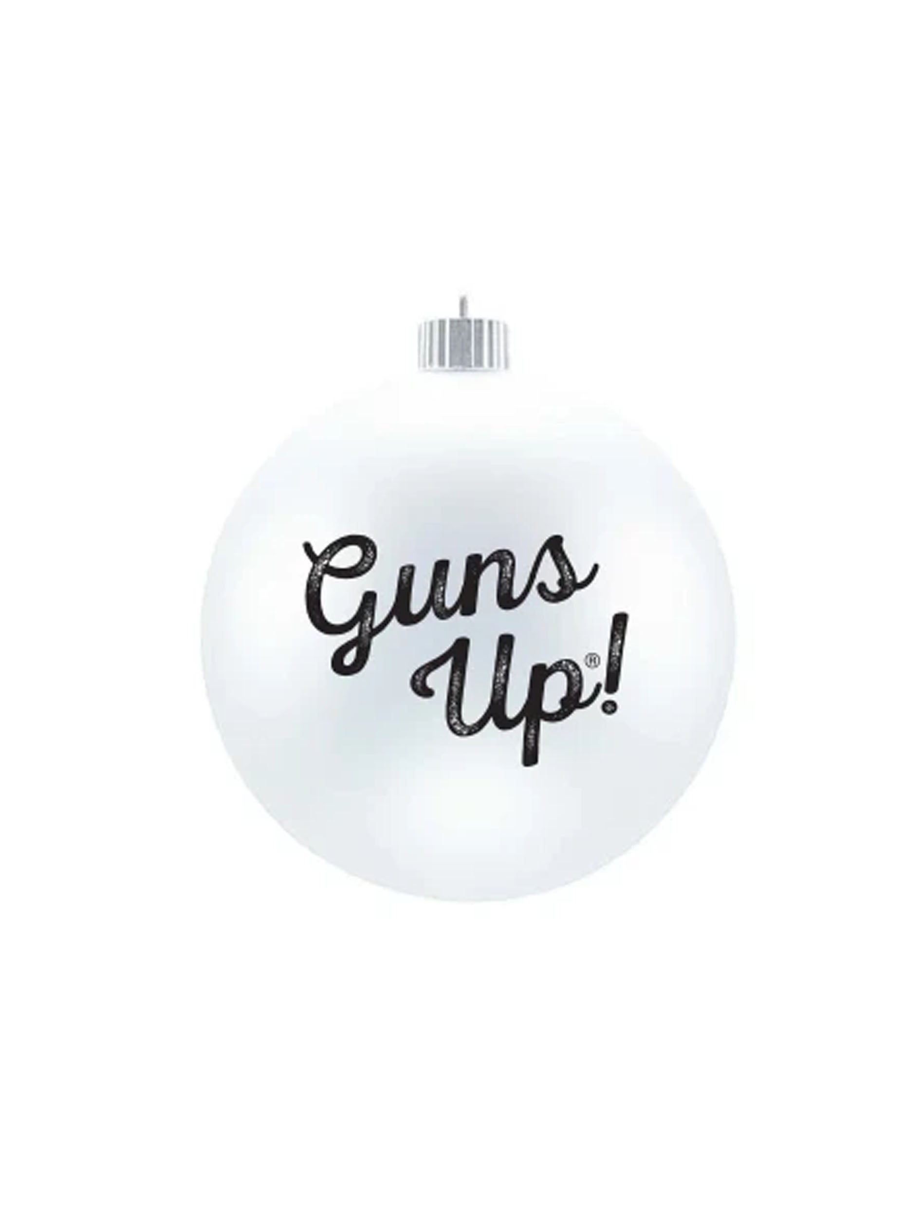Back of the white glass ball ornament with Guns Up in black script