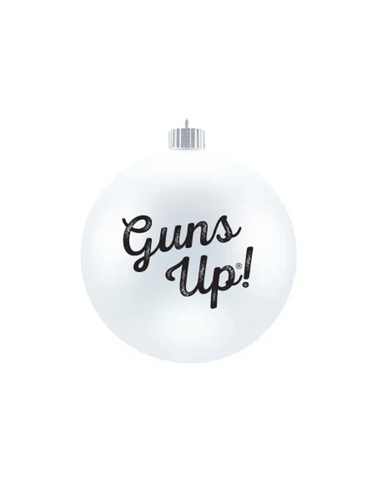 Back of the white glass ball ornament with Guns Up in black script