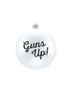 Back of the white glass ball ornament with Guns Up in black script