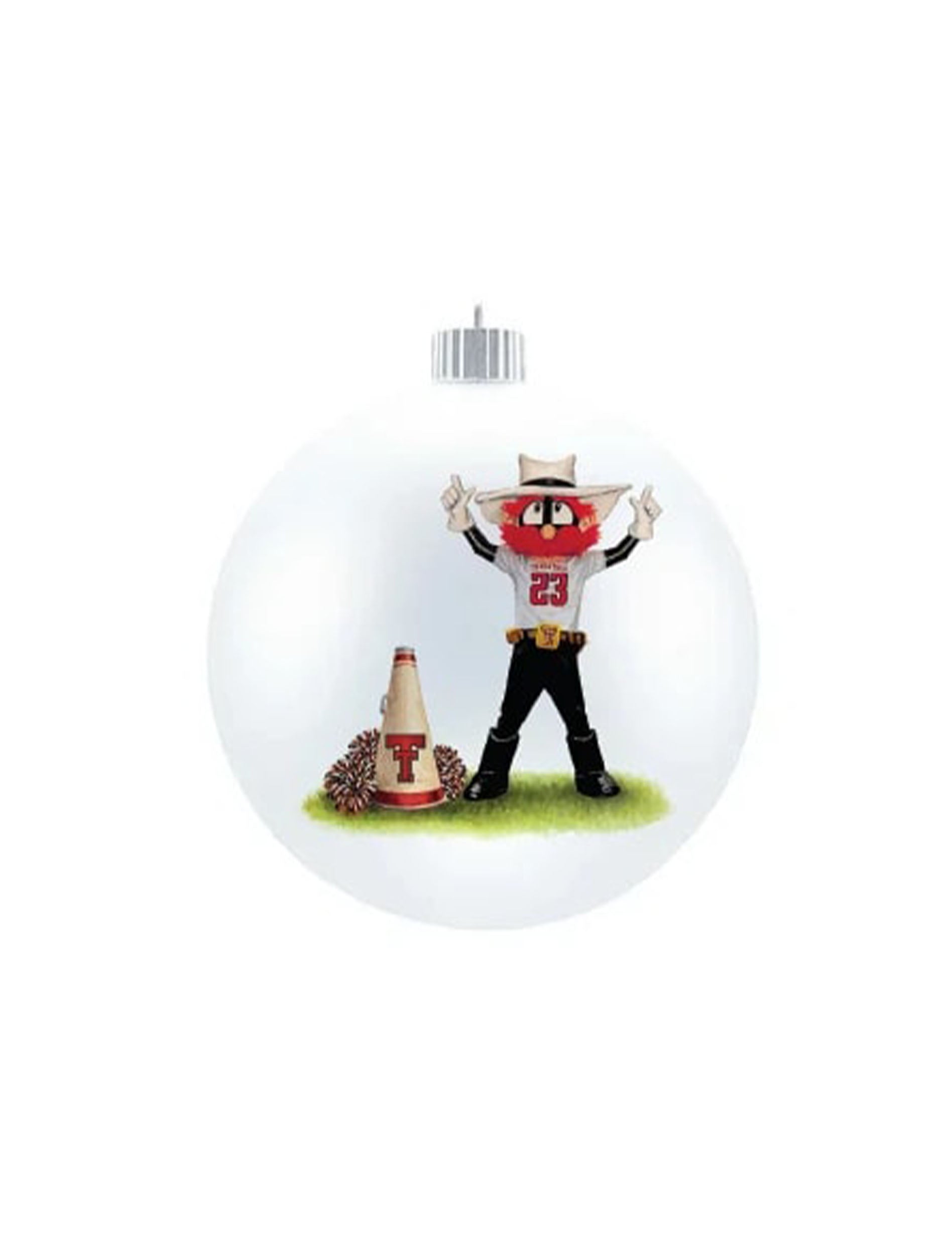 White glass ball ornament with Raider Red throwing up Guns Up beside a Double T megaphone and pom poms