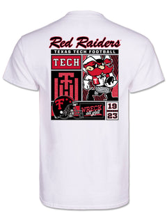 Back of the white Texas Tech tee with Red Raiders in red glitter script above a panel block holding Raider Red, a Double T helmet, WRECK all y'all and 1923
