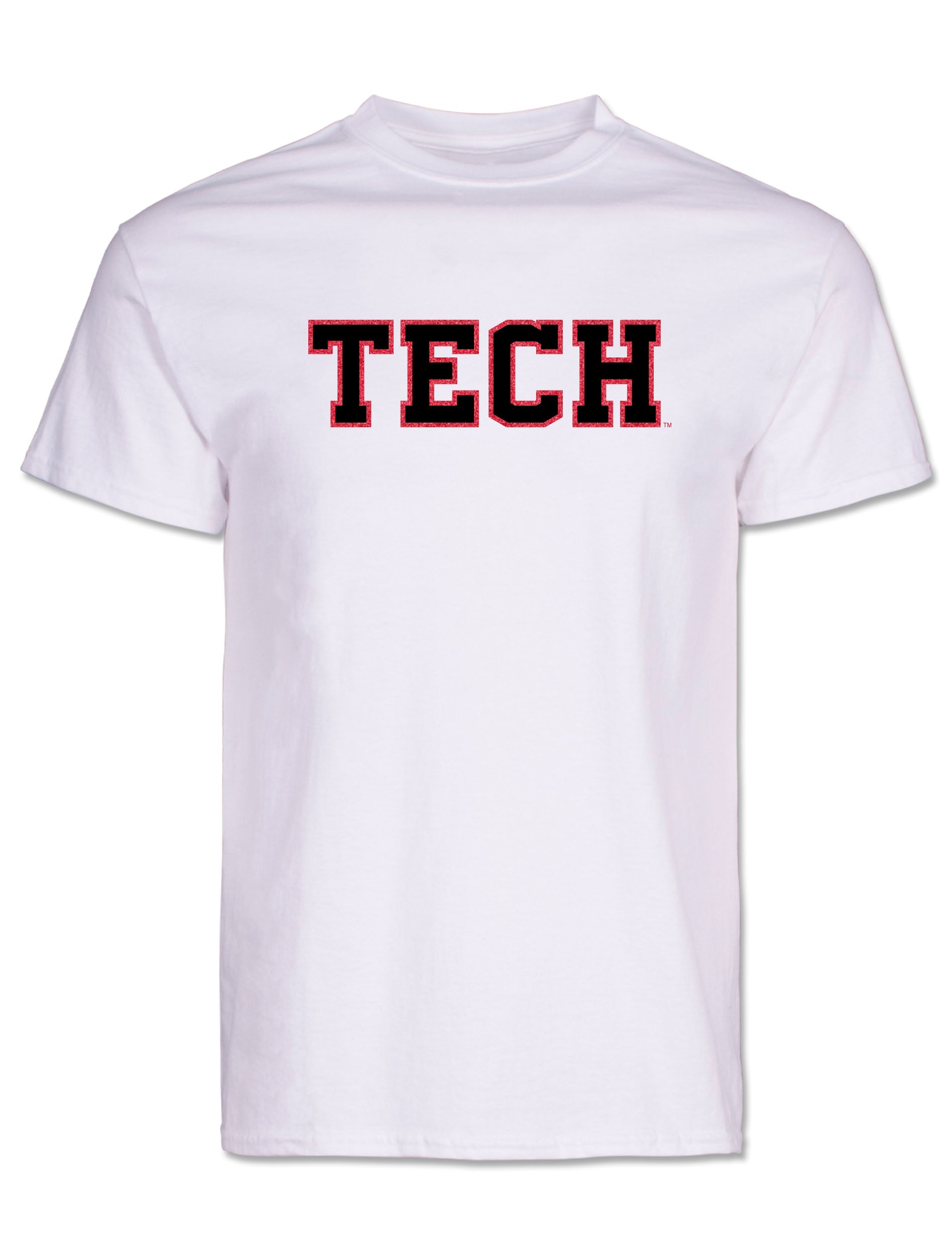 Front of the white Texas Tech tee with TECH in black outlined in red glitter