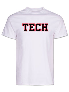 Front of the white Texas Tech tee with TECH in black outlined in red glitter