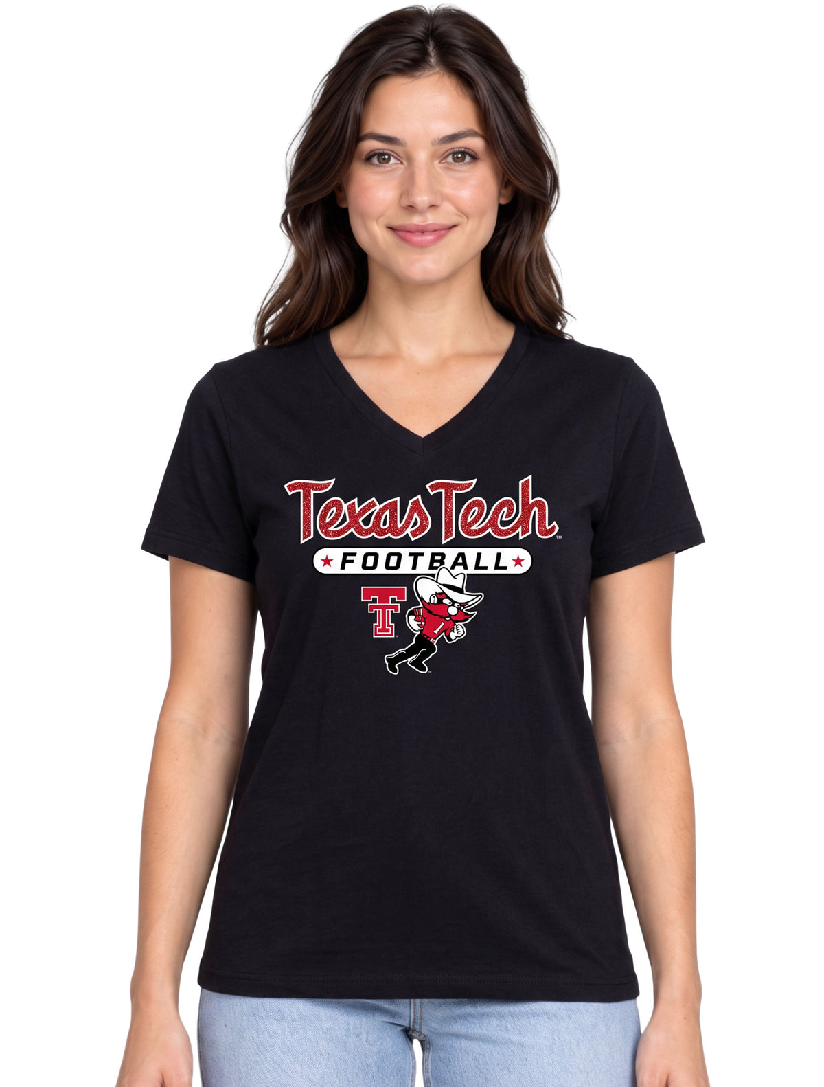 Woman wearing a black Texas Tech Football glitter V-neck t-shirt with a red Double T and Raider Red