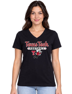 Woman wearing a black Texas Tech Football glitter V-neck t-shirt with a red Double T and Raider Red