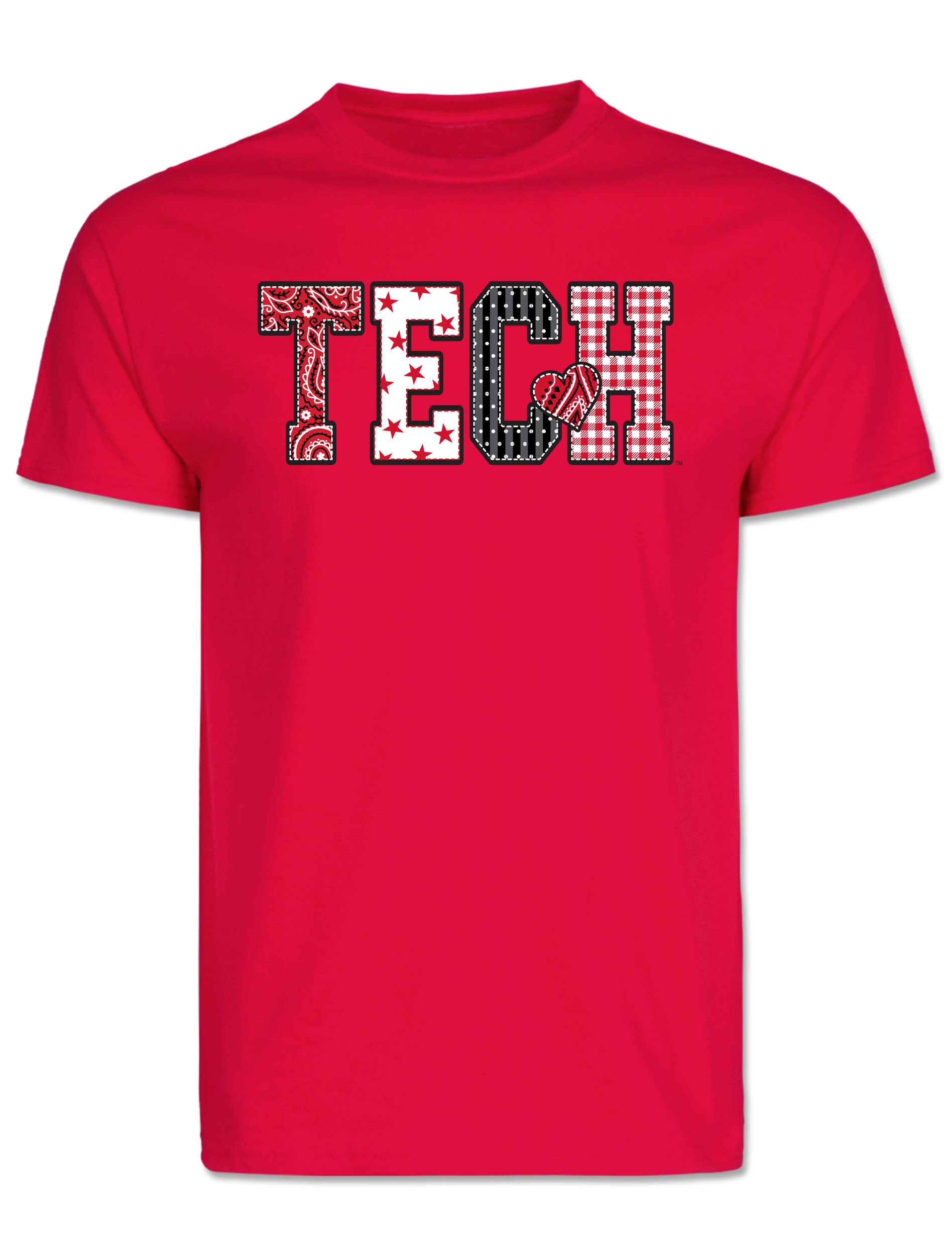 Red Texas Tech short sleeve t-shirt with TECH across the chest, each letter filled with a different pattern and a small heart beside the C
