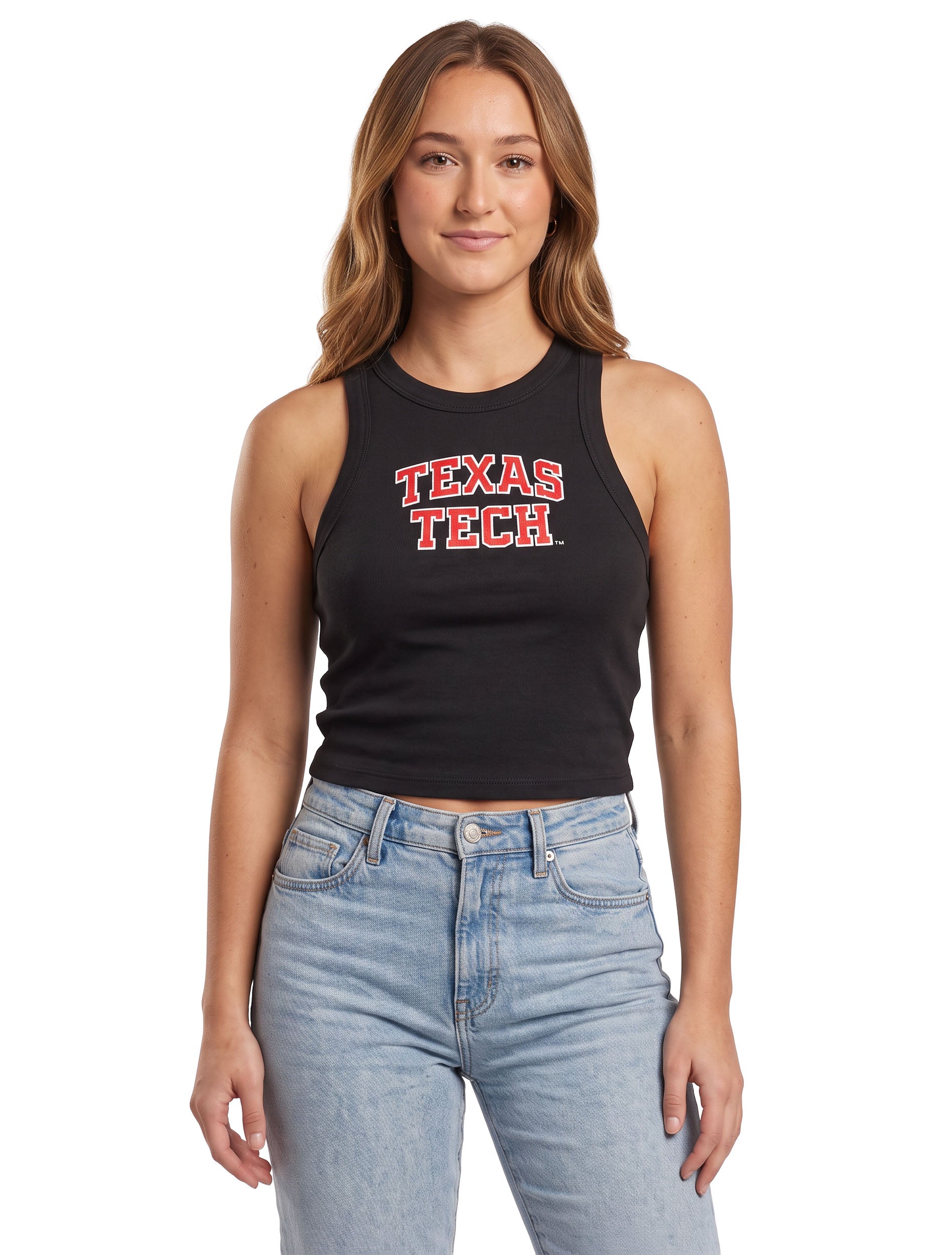 Model wearing the black Texas Tech micro tank with TEXAS TECH stacked in red across the chest