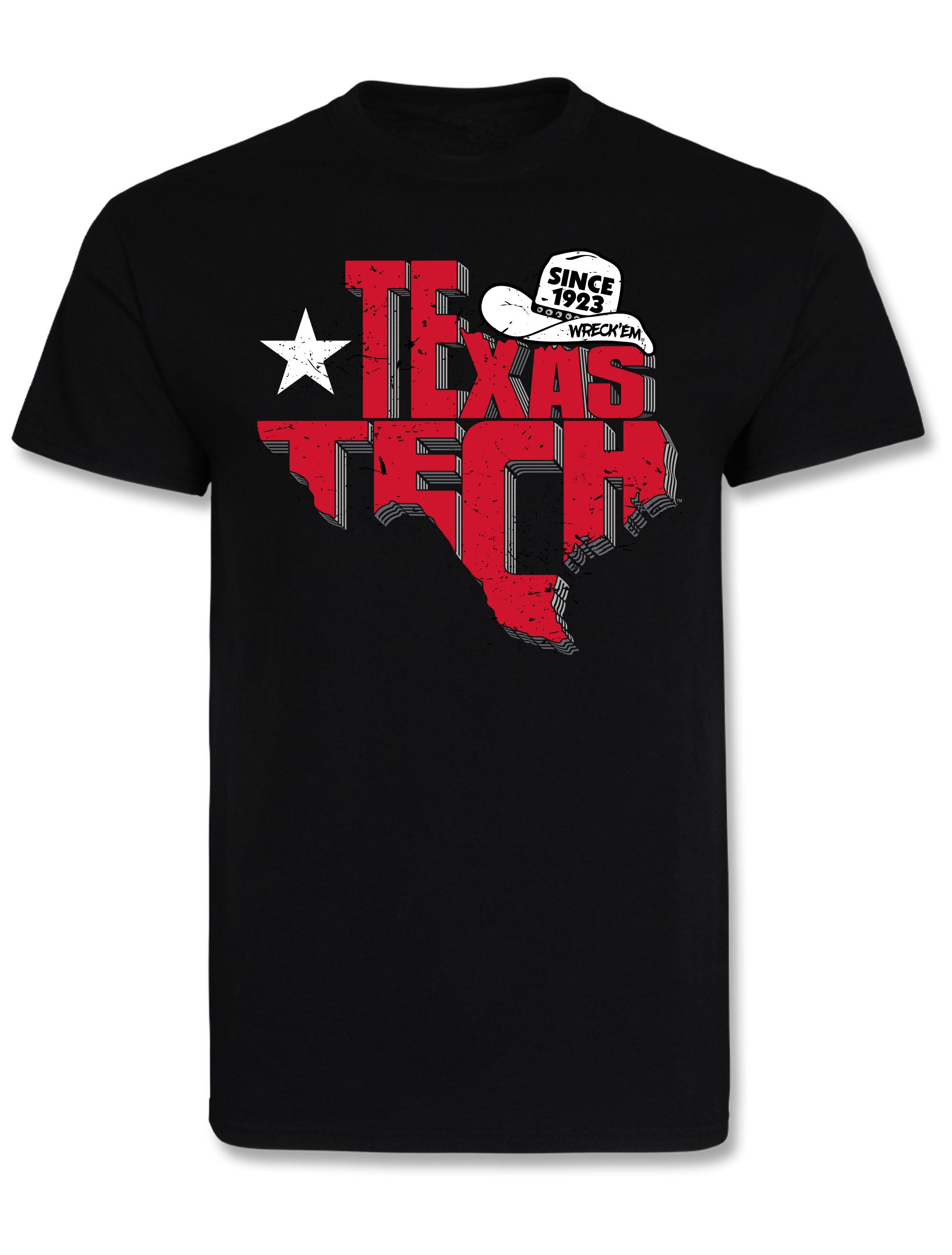 Black Texas Tech tee with a red distressed TEXAS TECH inside the shape of Texas, a white lone star and a white cowboy hat