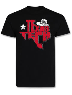 Black Texas Tech tee with a red distressed TEXAS TECH inside the shape of Texas, a white lone star and a white cowboy hat