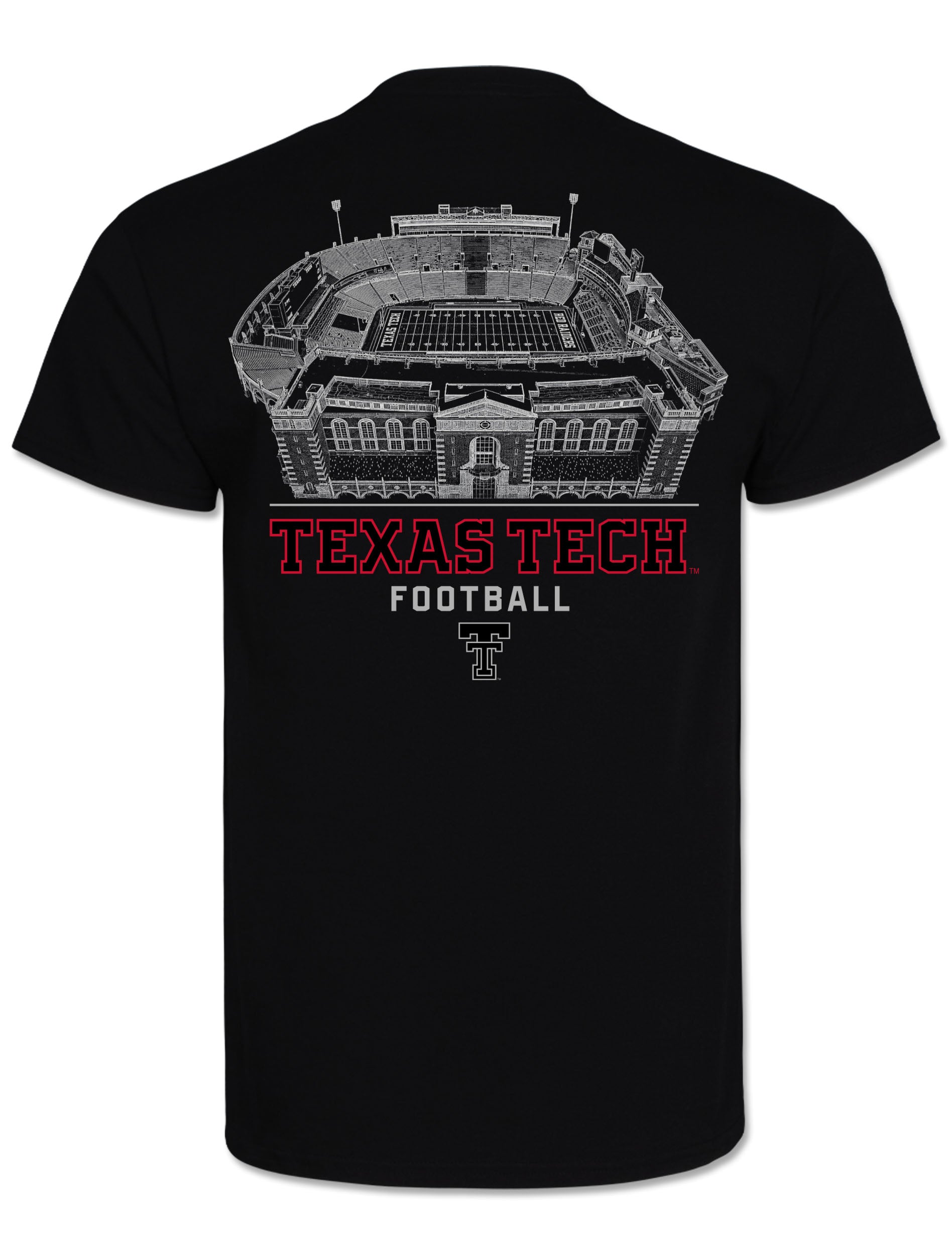 Back of the black Texas Tech tee with a white line drawing of The Jones above TEXAS TECH in red outlined lettering and FOOTBALL in grey