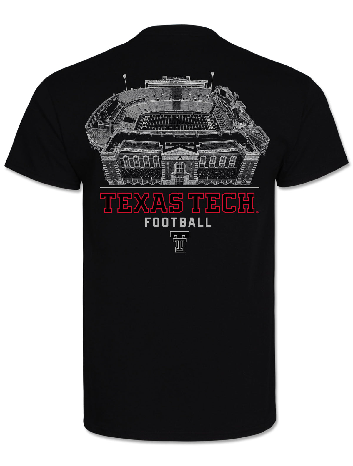 Back of the black Texas Tech tee with a white line drawing of The Jones above TEXAS TECH in red outlined lettering and FOOTBALL in grey