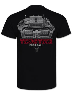 Back of the black Texas Tech tee with a white line drawing of The Jones above TEXAS TECH in red outlined lettering and FOOTBALL in grey
