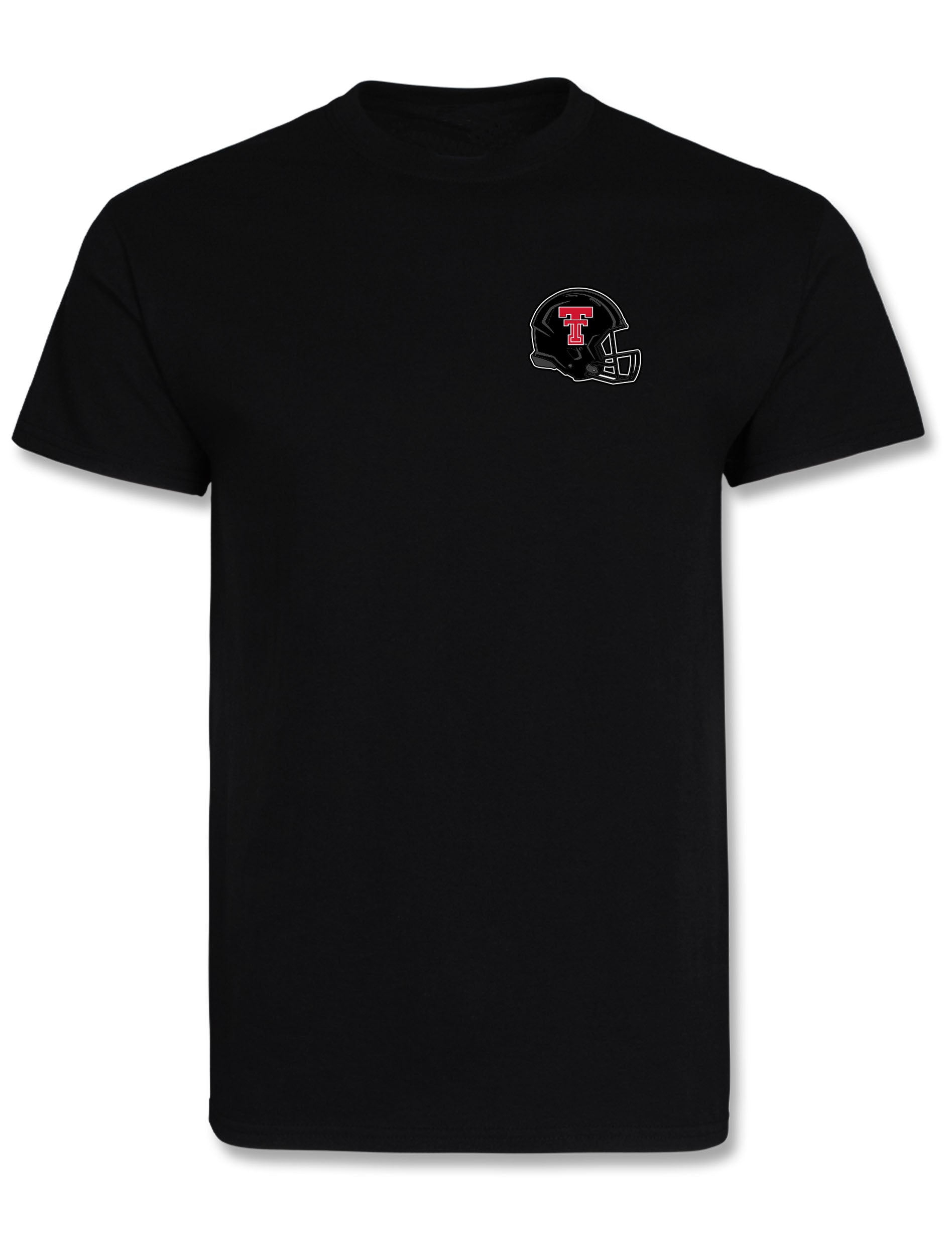 Front of the black Texas Tech tee with a football helmet and red Double T on the left chest