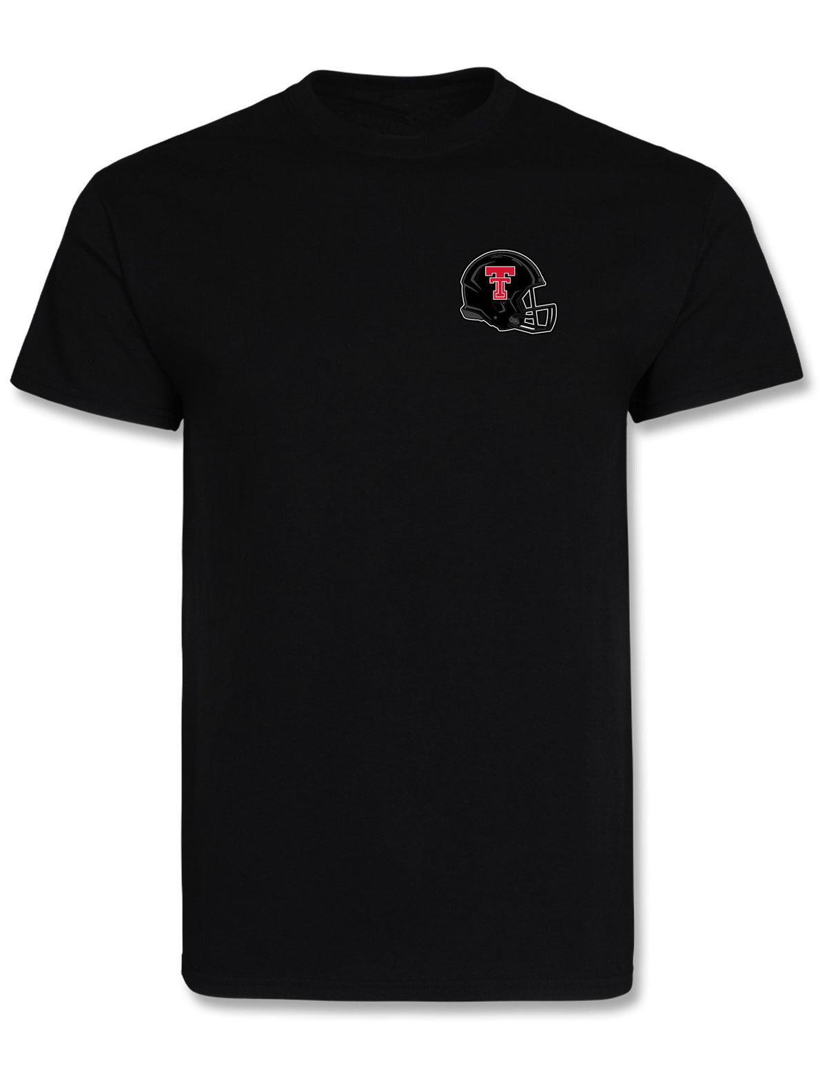 Front of the black Texas Tech tee with a football helmet and red Double T on the left chest