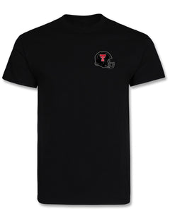 Front of the black Texas Tech tee with a football helmet and red Double T on the left chest