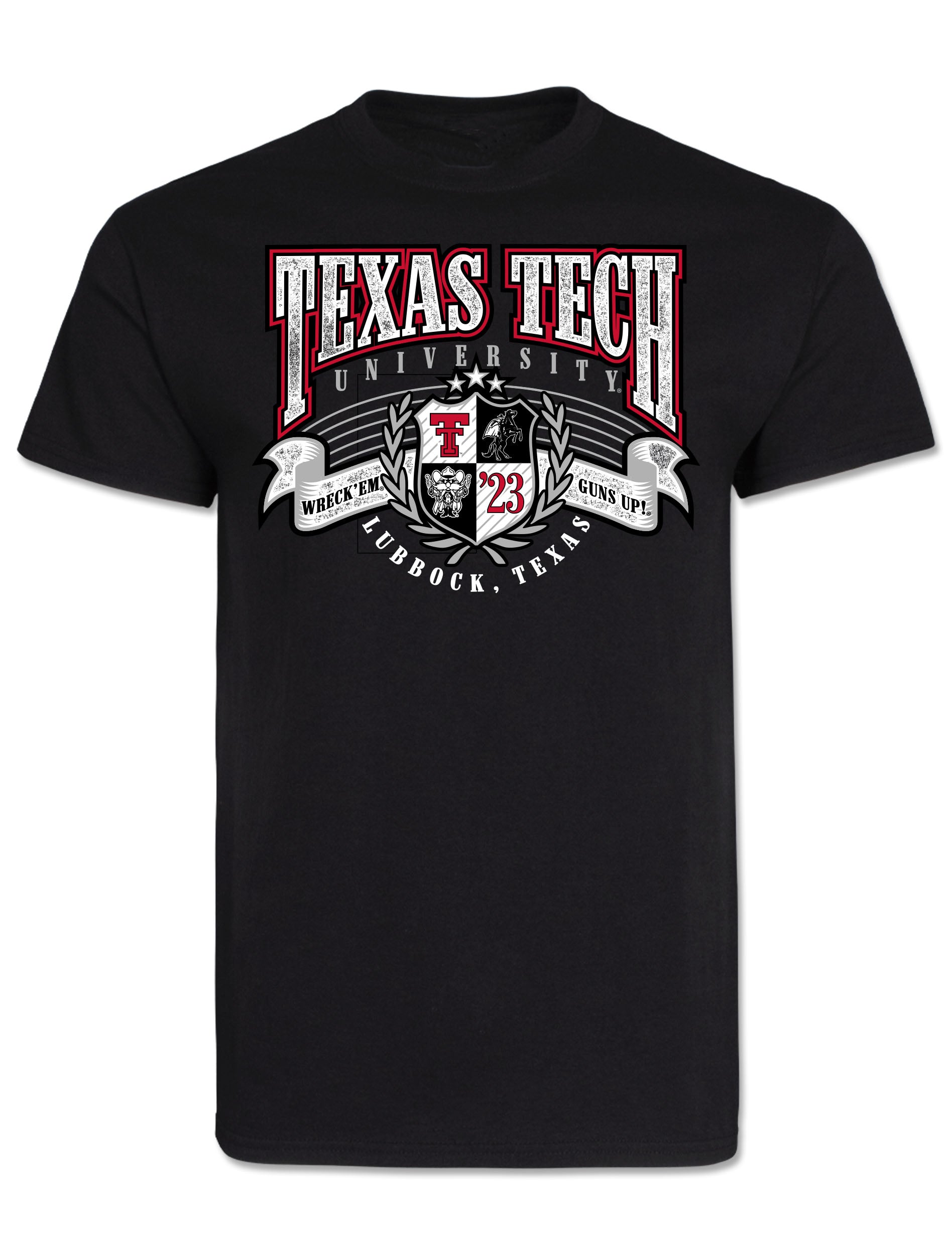 Black tee with arched TEXAS TECH UNIVERSITY above a quartered crest carrying the Double T, Masked Rider, Raider Red and 23, with WRECK EM and GUNS UP banners