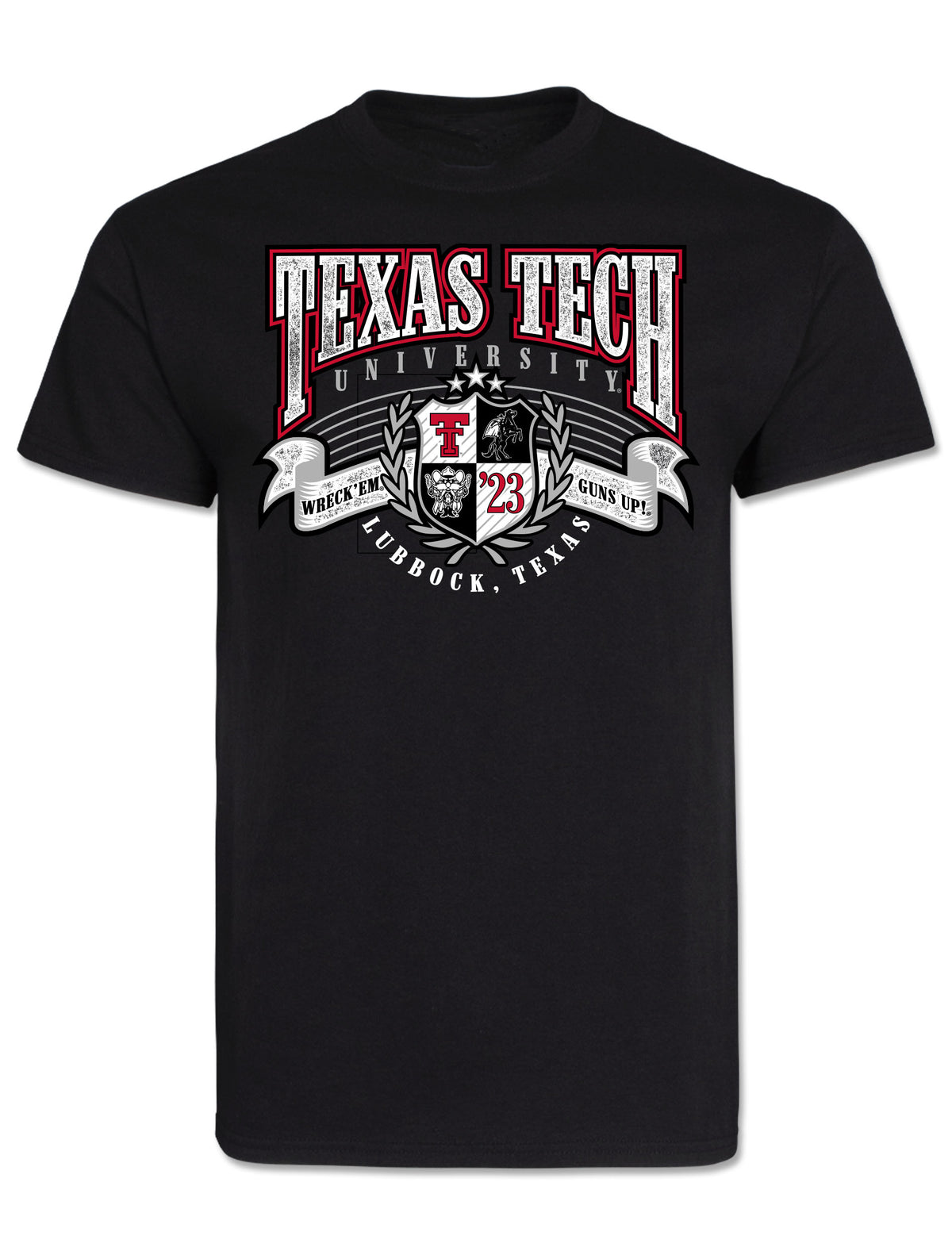 Black tee with arched TEXAS TECH UNIVERSITY above a quartered crest carrying the Double T, Masked Rider, Raider Red and 23, with WRECK EM and GUNS UP banners