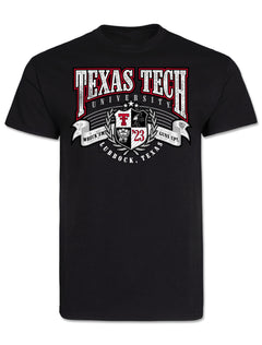 Black tee with arched TEXAS TECH UNIVERSITY above a quartered crest carrying the Double T, Masked Rider, Raider Red and 23, with WRECK EM and GUNS UP banners