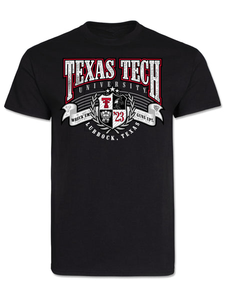 Black tee with arched TEXAS TECH UNIVERSITY above a quartered crest carrying the Double T, Masked Rider, Raider Red and 23, with WRECK EM and GUNS UP banners