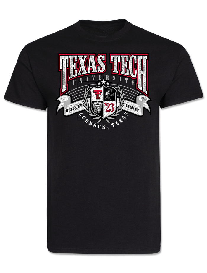 Black tee with arched TEXAS TECH UNIVERSITY above a quartered crest carrying the Double T, Masked Rider, Raider Red and 23, with WRECK EM and GUNS UP banners